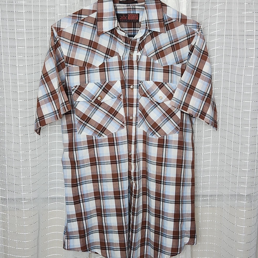 Brown and Blue Vintage Plaid Western Snap Button Short Sleeve Shirt SzM